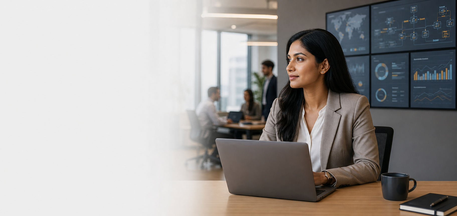 Enterprise operations leader working with connected workflow and business visibility dashboards