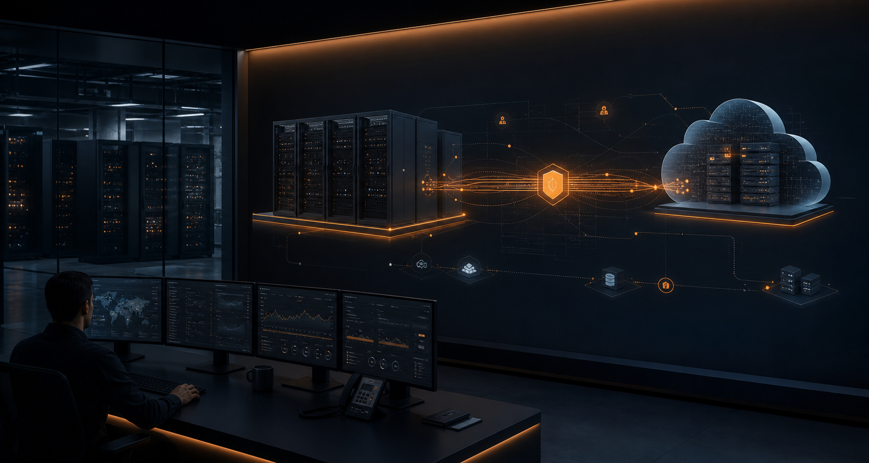 Enterprise operations team monitoring a secure hybrid cloud and on-premise deployment