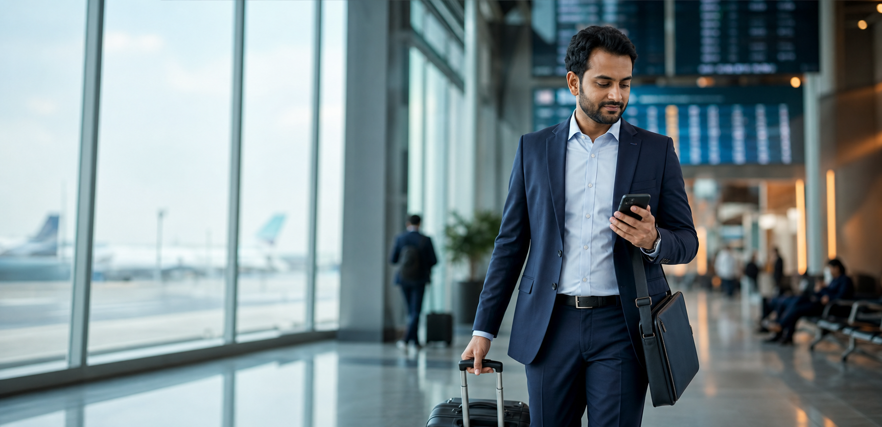 Indian business traveller reviewing journey information at a modern airport