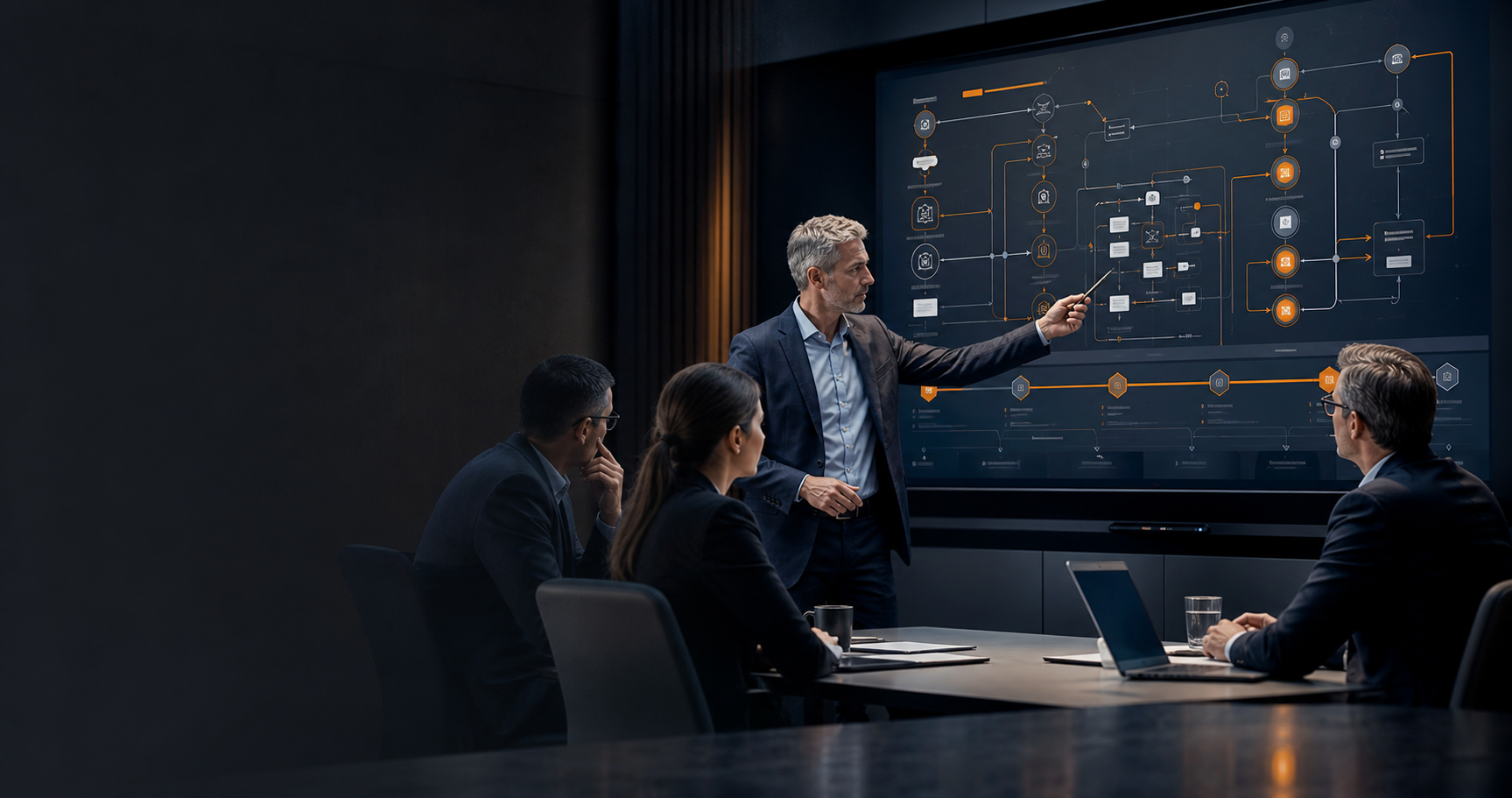 Enterprise leaders reviewing an operational workflow and solution architecture roadmap